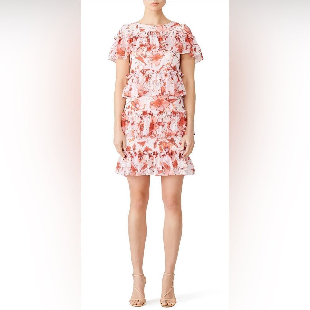 Badgley Mischka Pink Floral Tiered Ruffle Sheath Dress Size 10